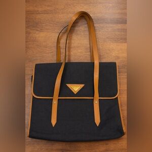 YSL Vintage Boston Weave Tote Black Canvas Leather Trim Shoulder Bag